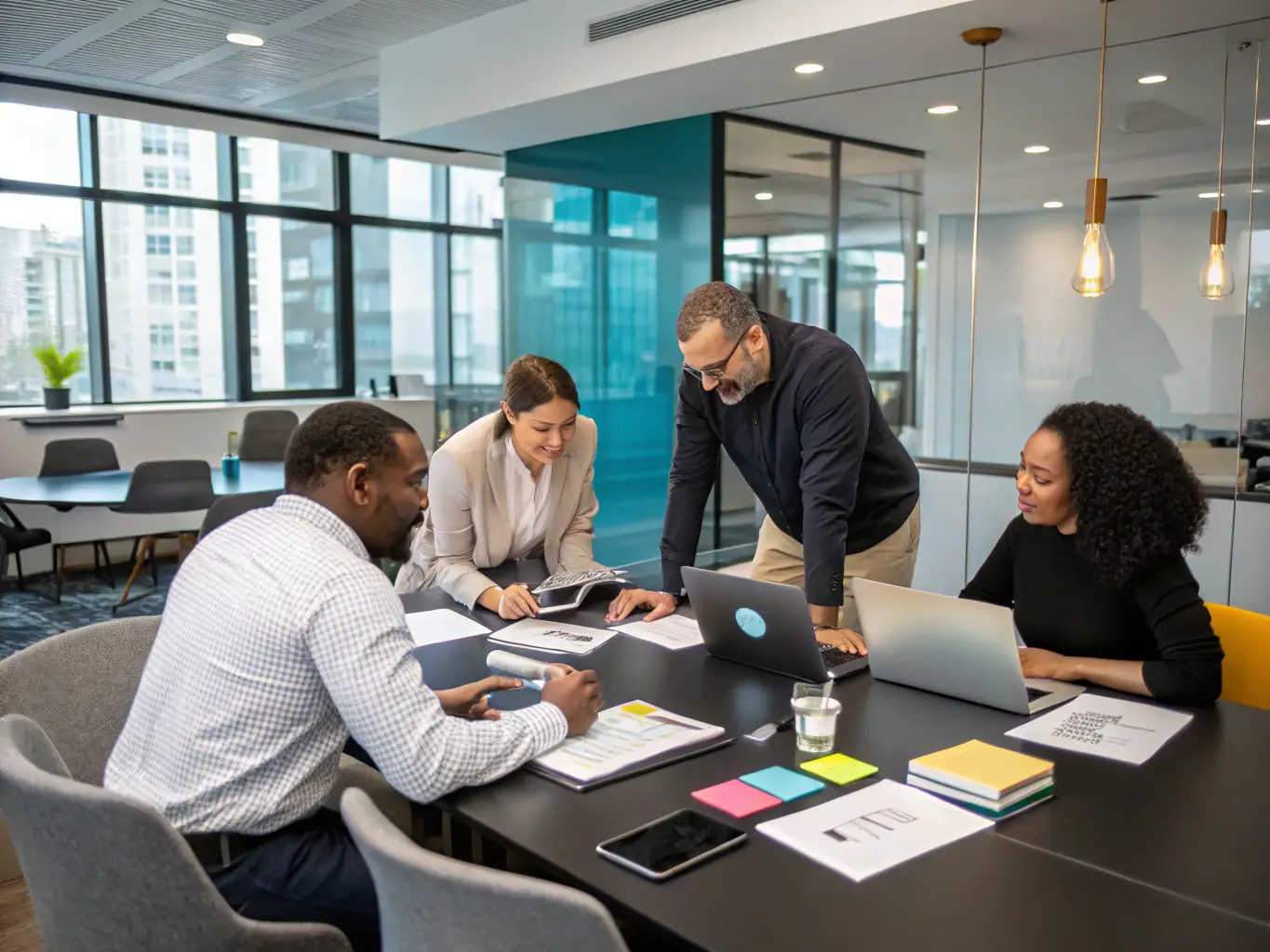 An image showcasing a diverse group of business professionals collaborating around a table, all using smartphones to interact with the VIGOROUSLY SMS platform, emphasizing teamwork and efficient communication.