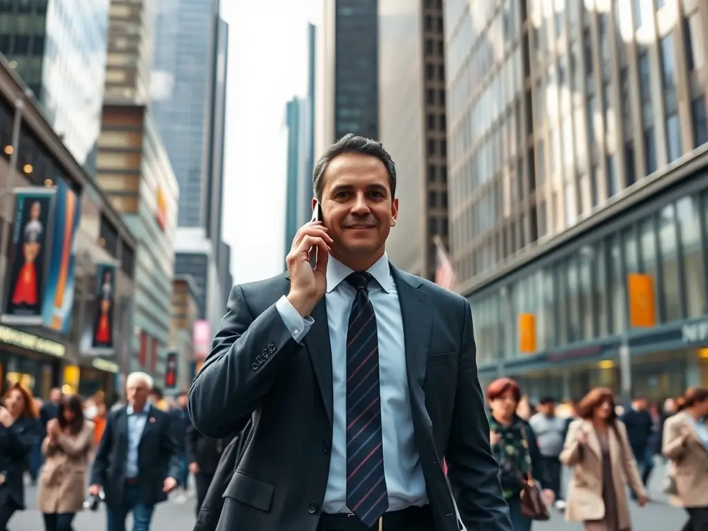 A professional businessman is using a mobile phone to send a notification SMS to his clients, with a focus on timely updates and alerts.